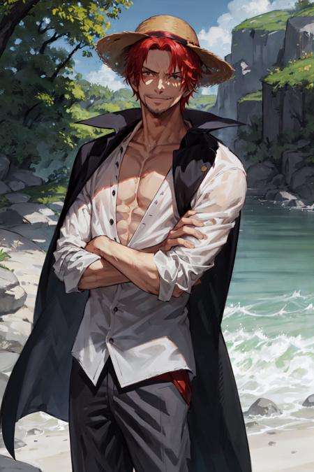 <lora:Shanks:0.7>, Shnks, solo, looking at viewer, smile, short hair, shirt, 1boy, standing, white shirt, weapon, male focus, red hair, open clothes, collared shirt, pants, cape, coat, open shirt, facial hair, scar, sandals, katana, pectorals, partially unbuttoned, pectoral cleavage, coat on shoulders, crossed arms, nature, scenery, upper body, straw hat, 