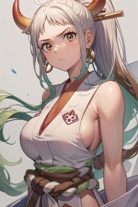 onepieceyamato, <lora:yamatotest:1>,yamato, ahoge, aqua hair, (brown eyes:1.5), curled horns, earrings, green hair, grey hair, hair ornament, hair stick, high ponytail, horns, long hair, multicolored hair, multicolored horns, oni, red horns, shimenawa, sidelocks, v-shaped eyebrows,BREAK bare arms, bare shoulders, hakama, japanese clothes, rope, shimenawa, sideboob, sleeveless, sleeveless kimono,,BREAK looking at viewer,BREAK outdoors, ocean,BREAK <lora:GoodHands-vanilla:1>, (masterpiece:1.2), best quality, high resolution, unity 8k wallpaper, (illustration:0.8), (beautiful detailed eyes:1.6), extremely detailed face, perfect lighting, extremely detailed CG, (perfect hands, perfect anatomy),