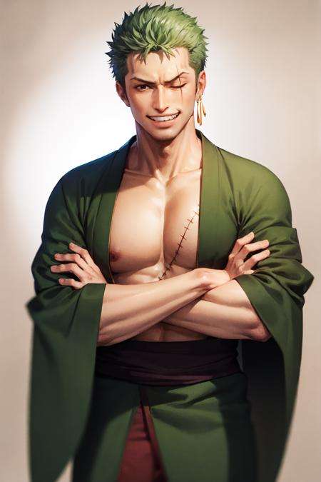 (masterpiece, best quality:1.2), <lora:onepiece_zoro-10:1>, cowboy shot, solo, male focus, 1boy, roronoa zoro, scar, muscular male, grin, looking at viewer, one eye closed, scar across eye, crossed arms, japanese clothes, green kimono