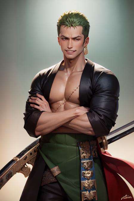 (masterpiece, best quality:1.2), <lora:onepiece_zoro-10:1>, cowboy shot, solo, male focus, 1boy, roronoa zoro, scar, muscular male, grin, looking at viewer, (dual wielding:1.2) katanas, crossed arms, japanese clothes, green kimono