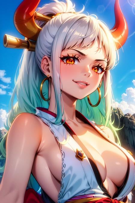 masterpiece, ((ultra detailed background, delicate pattern, intricate detail)), (highly detailed, fine details), best quality,beautiful lighting, (((medium breasts, slim girl, very slim girl))), (close-up, portrait),  YamatoV2, long hair, 1girl, horns, white hair, solo, oni, red horns, curled horns, hair ornament, (multicolored horns), jewelry, earrings, japanese clothes, kimono, hair stick, sleeveless, bare shoulders, aqua hair, sidelocks, hoop earrings, hakama, smile, wide smile, ((orange eyes)), complex detailed background, outside, nature environment, rocks, sunny, blue sky, sky, <lora:YamatoV2Nine:0.75>