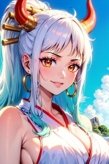 masterpiece, ((ultra detailed background, delicate pattern, intricate detail)), (highly detailed, fine details), best quality,beautiful lighting, (((medium breasts, slim girl, very slim girl))), (close-up, portrait),  YamatoV2, long hair, 1girl, horns, white hair, solo, oni, red horns, curled horns, hair ornament, (multicolored horns), jewelry, earrings, japanese clothes, kimono, hair stick, sleeveless, bare shoulders, aqua hair, sidelocks, hoop earrings, hakama, smile, wide smile, ((orange eyes)), complex detailed background, outside, nature environment, rocks, sunny, blue sky, sky, <lora:YamatoV2Nine:0.75>