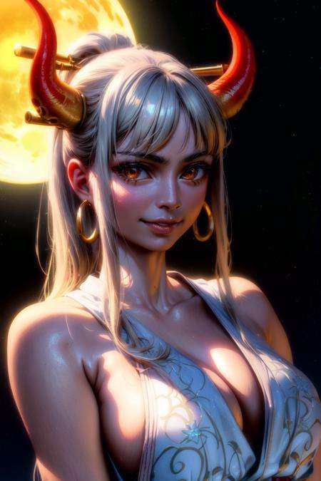 ultra realistic 8k cg, masterpiece, ((ultra detailed background, delicate pattern, intricate detail)), (highly detailed, fine details), best quality, (photorealistic:1.4),beautiful lighting,  absurdres, RAW photo, film grain, ((medium breasts, slim girl)), Yamato, long hair, 1girl, horns, white hair, solo, oni, red horns, curled horns, hair ornament, (multicolored horns), jewelry, earrings, japanese clothes, kimono, hair stick, sleeveless, bare shoulders, aqua hair, sidelocks, hoop earrings, hakama, smile, wide smile, ((orange eyes, slim girl, medium breasts)), (complex detailed background, barren land, moon, portrait, close-up), <lora:Yamato:0.7>,  <lora:DetailTweaker:0.5> <lora:BeautifulDetailedEyes:0.5>