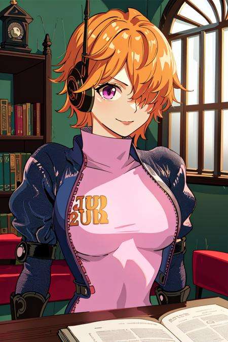 masterpiece, ((ultra detailed background, delicate pattern, intricate detail)), (highly detailed, fine details), best quality, beautiful lighting, ((medium breasts, slim girl)), 1girl, Lilith, (bangs covering one eye), ((light orange hair)), headphones, purple eyes, dark-blue jacket, ((pink bodysuit, full-body suit)), complex detailed background, inside, castle room environment, medieval castle, gray walls, window, bookshelf, (close-up, portrait),  <lora:Lilith:0.85>