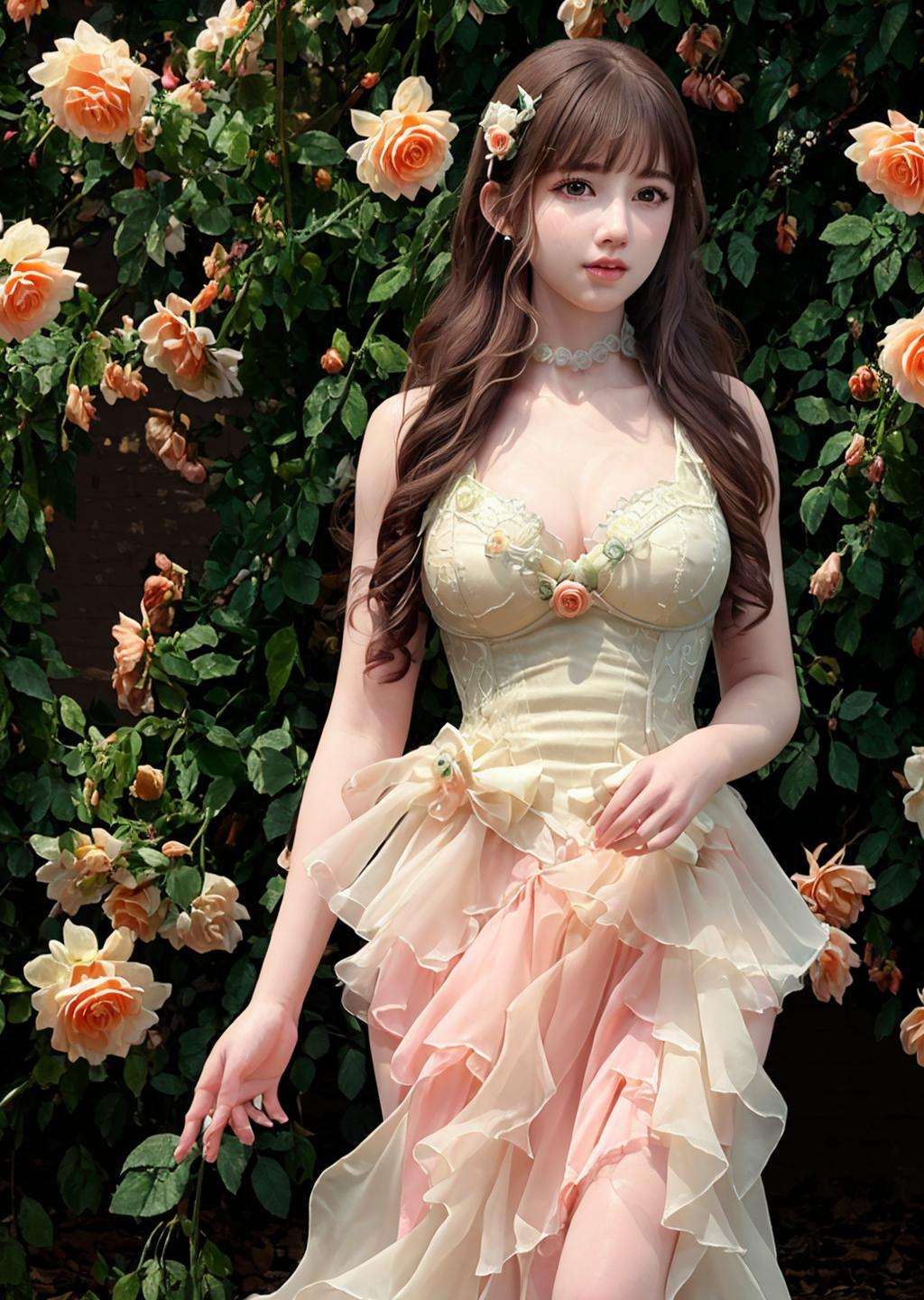 (photo-realistic,ultra realistic 8k CG:1.2),delicate pattern,(best quality,intricate detail,extremely intricate:1.2),1girl,flower,dress,plant,solo,breasts,long_hair,brown_hair,realistic,<lora:Romantic Rosette dress_20230627181211:0.82>,Romantic Rosette dress