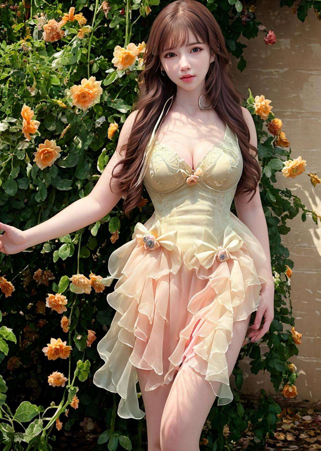 (photo-realistic,ultra realistic 8k CG:1.2),delicate pattern,(best quality,intricate detail,extremely intricate:1.2),1girl,flower,dress,plant,solo,breasts,long_hair,brown_hair,realistic,<lora:Romantic Rosette dress_20230627181211:0.85>,