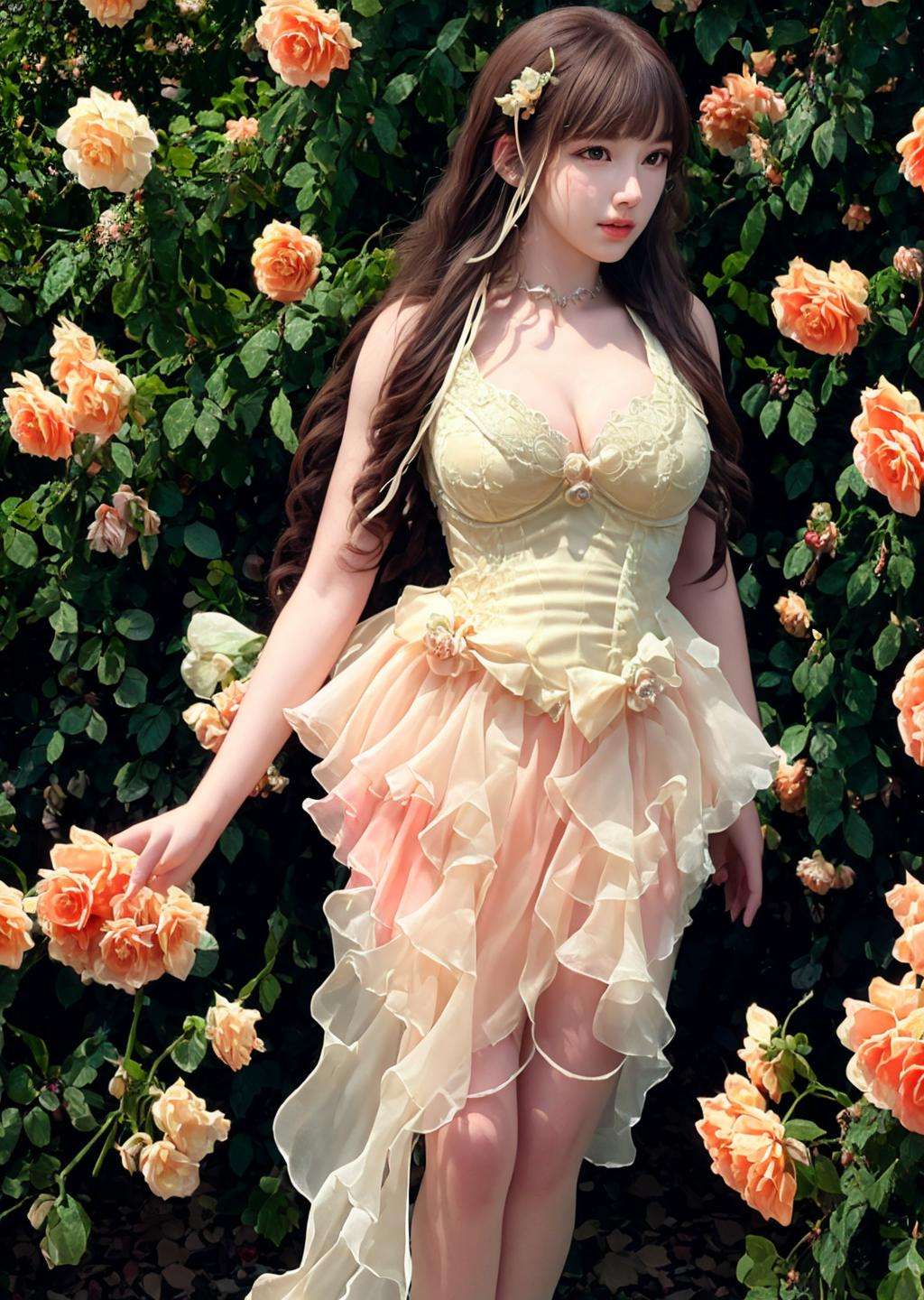 (photo-realistic,ultra realistic 8k CG:1.2),delicate pattern,(best quality,intricate detail,extremely intricate:1.2),1girl,flower,dress,plant,solo,breasts,long_hair,brown_hair,realistic,<lora:Romantic Rosette dress_20230627181211:0.85>,Romantic Rosette dress