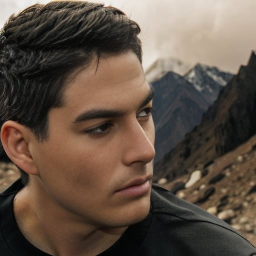 black t-shirt，male focus, realistic,sunlight, mountain everest ,snow moutain, outdoors,  blurry background, brown hair, shirt, blurry, looking at viewer, short hair, sky,  day, cloud,  closed mouth,<lora:Jay 2.0-000008:1.0>