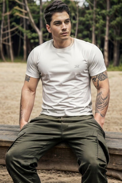 white t-shirt, realistic, male focus, sitting, boots, multiple boys,military pants, facial hair, t-shirt, outdoors,best quality, ultra-detailed, masterpiece, hires, 8k，hight details ，ultra high res，raw photo<lora:Jay  body-000009:1.0>