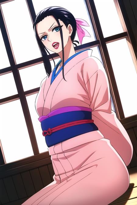 nico robin, wanostyle, 1girl, arms behind back,  black hair, blue eyes, dutch angle, eyelashes, eyeliner, forehead, furrowed brow, hair ornament, hair pulled back, hair ribbon, hair stick, indoors, japanese clothes, kimono, large breasts, lips, lipstick, looking at viewer, makeup, open mouth, pink lips, pink ribbon, red kimono, ribbon, shibari, short hair,  solo, window, ((masterpiece)) <lora:nico_robin_post_timeskip_offset:1>  <lora:wanostyle_2_offset:0.8>