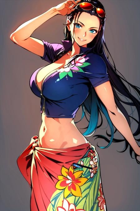 nico robin, 1girl, outdoors, black hair, blue eyes, breasts, eyewear on head, from side, hair slicked back, hands on own hips, large breasts, long hair, long skirt, looking back, narrow waist, sarong, smile, solo, standing, sunglasses, floral pattern on sarong, ((masterpiece))  <lora:nico_robin_post_timeskip_offset:1>