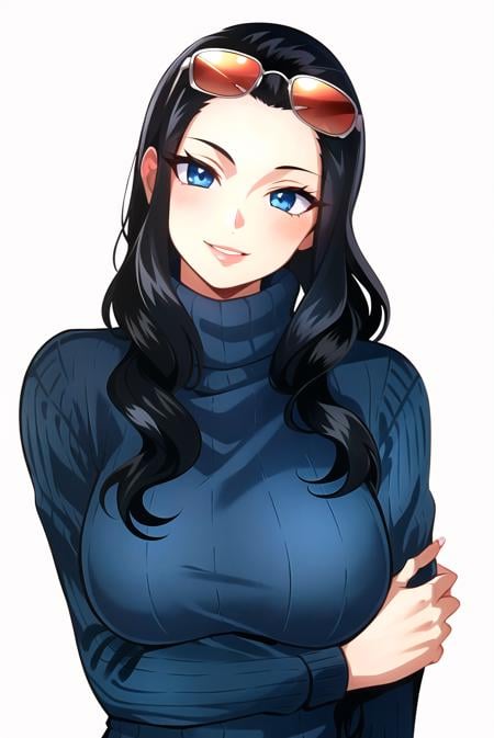 nico robin, 1girl, black hair, blue eyes, blue sweater, eyewear on head, hand up, head tilt, lips, long hair, looking at viewer, official alternate costume, smile, solo, sunglasses, sweater, turtleneck, turtleneck sweater, ((masterpiece))  <lora:nico_robin_post_timeskip_offset:1>
