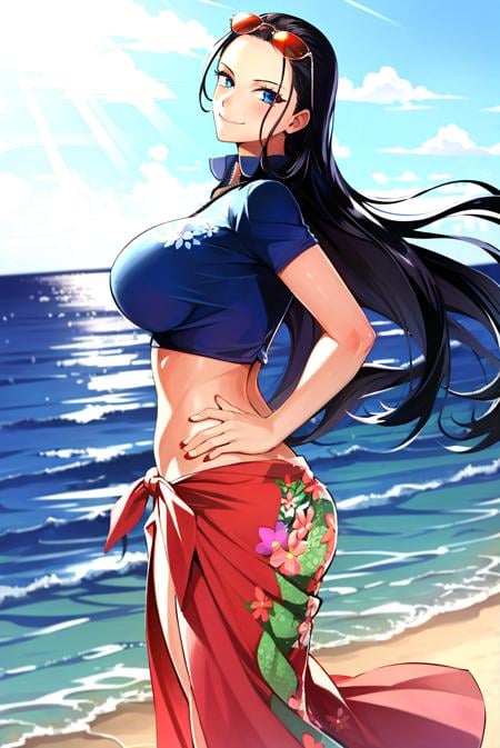 nico robin, 1girl, black hair, blue eyes, breasts, eyewear on head, from side, hair slicked back, hands on own hips, large breasts, long hair, long skirt, looking back, narrow waist, sarong, smile, solo, standing, sunglasses, sea, floral pattern on sarong, ((masterpiece))  <lora:nico_robin_post_timeskip_offset:1>