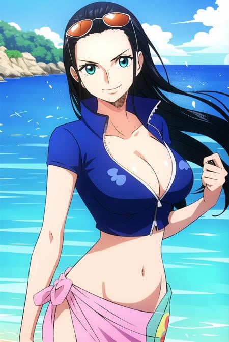 nico robin, wanostyle, 1girl, aqua eyes, black hair, breasts, cleavage, closed mouth, collared jacket, cowboy shot, crop top, cropped jacket, eyewear on head, hair slicked back, hand up, high collar, jacket, large breasts, long hair, looking at viewer, midriff, navel, plunging neckline, pose, sarong, short sleeves, smile, solo, standing, stomach, sunglasses, very long hair, flower drawing on jacket, outdoors, sea, ((masterpiece)) <lora:nico_robin_post_timeskip_offset:1>  <lora:wanostyle_2_offset:0.8>