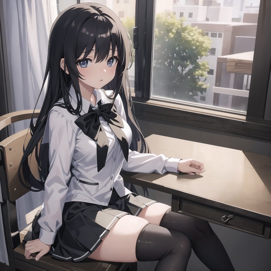 Highest quality, Masterpiece, Anime illustration, Game risqué, 1 girl wearing (white school uniform|black skirt) black stockings sitting at the table, the Milky Way and starlight outside the window, stars, stars, CG, Dynamic Angle, Masterpiece, Super Detailed