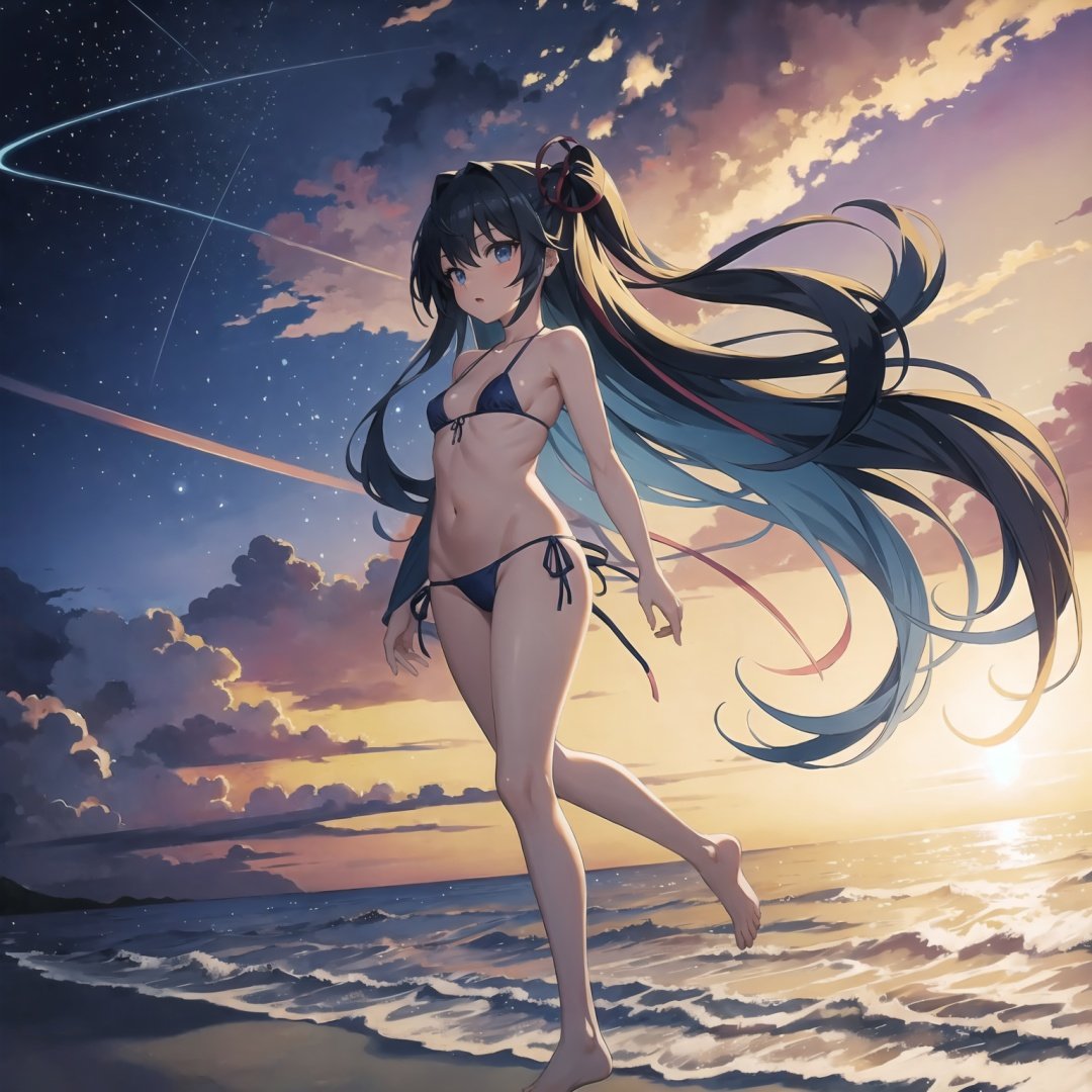 Highest quality, masterpiece, anime illustration, game drawing, 1 girl with long blue hair wearing a string bikini walking on the beach, sunset, starlight, CG, dynamic angle, endless sea, masterpiece