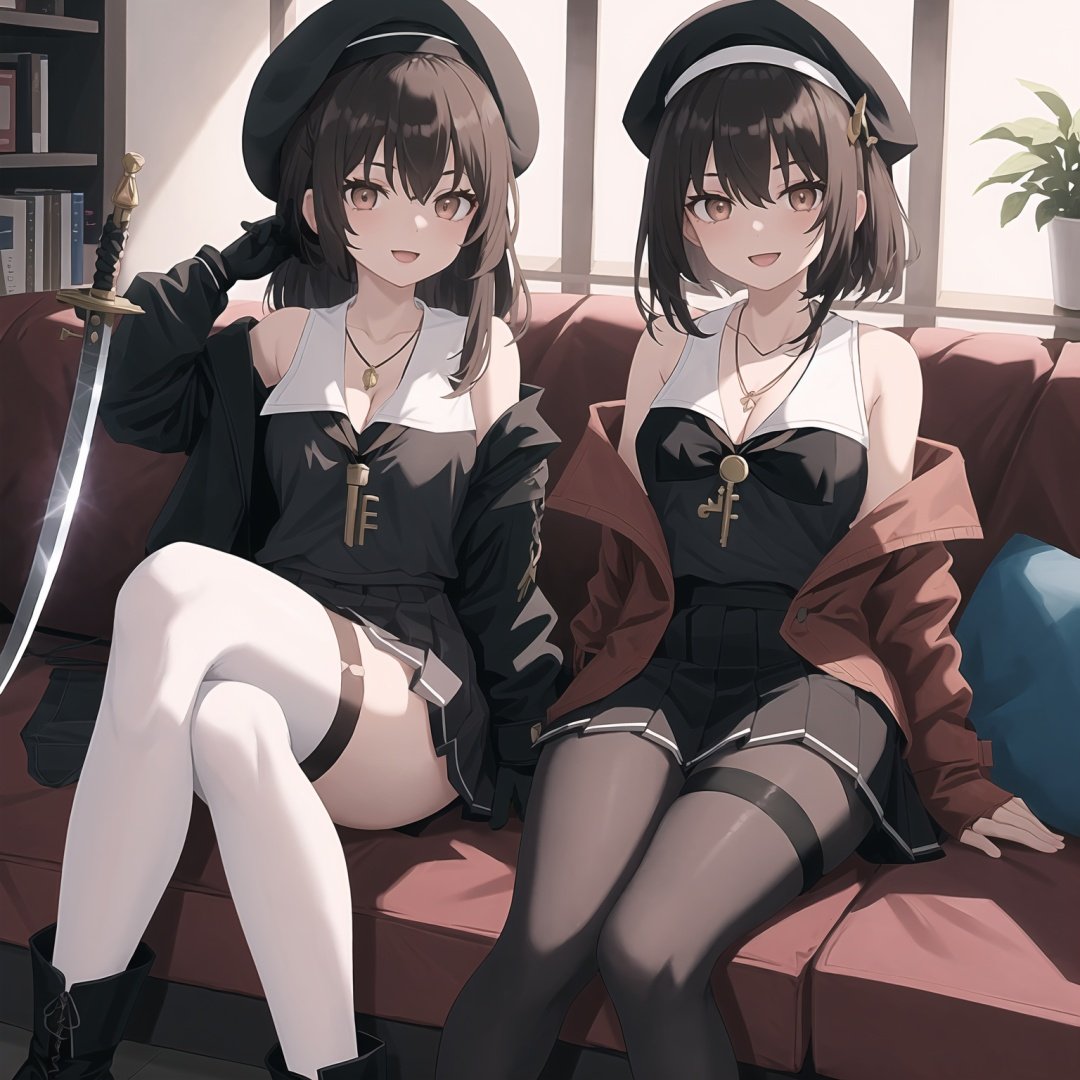 two women in costumes sitting on a couch together, one of them is holding a sword and the other is holding a sword, 2girls, bangs, bare shoulders, beret, black hair, black legwear, blush, boots, breasts, brown eyes, brown hair, cleavage, couch, feet, gloves, hair ornament, hat, indoors, jacket, jewelry, key necklace, long hair, looking at viewer, multiple girls, necklace, on couch, open mouth, pantyhose, reisalin stout, sailor collar, school uniform, shirt, short hair, shorts, skirt, smile, thigh strap, thighhighs, thighs, white headwear