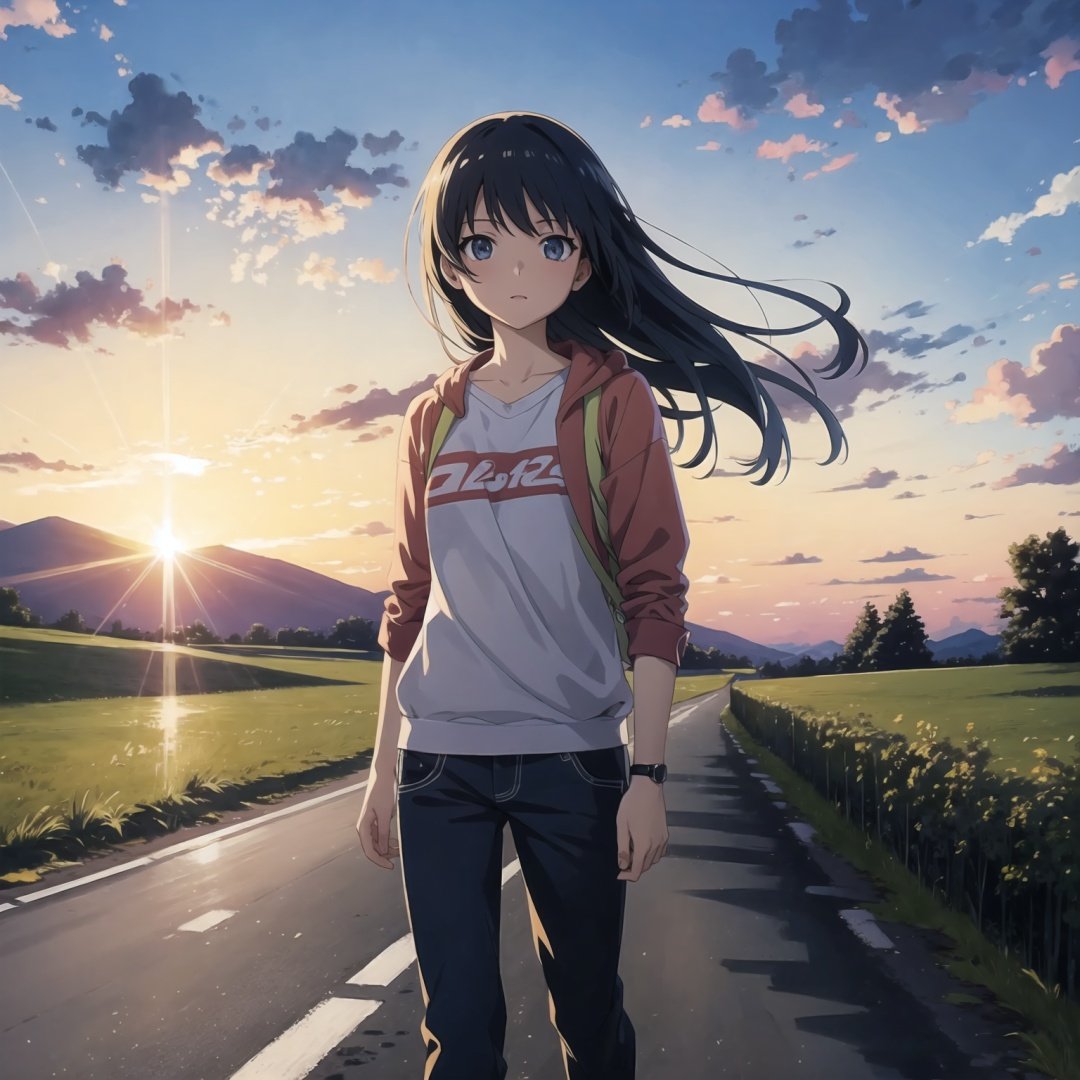 Highest quality, masterpiece, anime illustration, game risograph, 1 girl, looking into the camera, walking down a country road in civilian clothes. Sunset, evening sun, starlight, CG, dynamic angle.