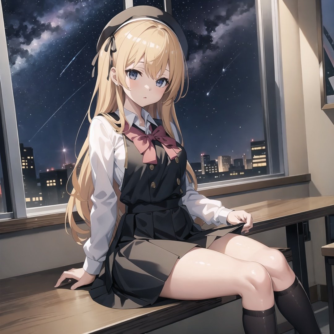 Highest quality, Masterpiece, Anime illustration, Game risqué, 1 girl wearing (white school uniform|black skirt) black stockings sitting at the table, the Milky Way and starlight outside the window, stars, stars, CG, Dynamic Angle, Masterpiece, Super Detailed