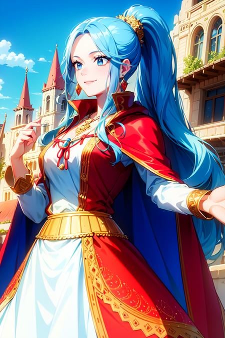 masterpiece, ((ultra detailed background, delicate pattern, intricate detail)), (highly detailed, fine details), best quality, beautiful lighting, (portrait), NefertariViviV3, 1girl, long hair, blue hair, solo, jewelry, earrings, ((red cape, white dress, simple dress)), ponytail, hair ornament, necklace, sky, blue eyes, complex detailed background, outside, sunny, desert town environment, buildings, town, market, hair lift, hands behind back, smile,  <lora:NefertariViviV3Nine:0.5>