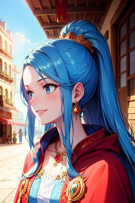 masterpiece, ((ultra detailed background, delicate pattern, intricate detail)), (highly detailed, fine details), best quality, beautiful lighting, (portrait), NefertariViviV3, 1girl, long hair, blue hair, solo, jewelry, earrings, ((red cape, white dress, simple dress)), ponytail, hair ornament, necklace, sky, blue eyes, complex detailed background, outside, sunny, desert town environment, buildings, town, market, hair lift, hands behind back, smile,  <lora:NefertariViviV3Nine:0.5>