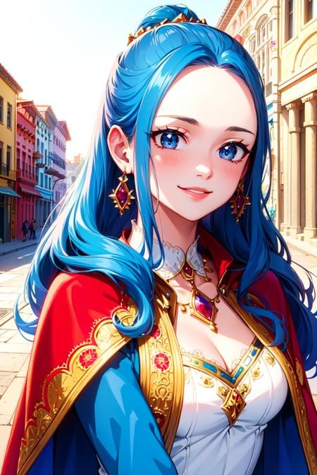 masterpiece, ((ultra detailed background, delicate pattern, intricate detail)), (highly detailed, fine details), best quality, beautiful lighting, (portrait), NefertariViviV3, 1girl, long hair, blue hair, solo, jewelry, earrings, ((red cape, white dress, simple dress)), ponytail, hair ornament, necklace, sky, blue eyes, complex detailed background, outside, sunny, desert town environment, buildings, town, market, hair lift, hands behind back, smile,  <lora:NefertariViviV3Nine:0.5>