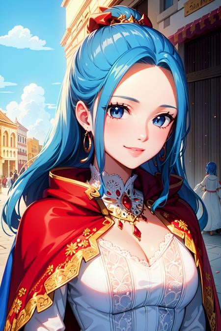 masterpiece, ((ultra detailed background, delicate pattern, intricate detail)), (highly detailed, fine details), best quality, beautiful lighting, (portrait), NefertariViviV3, 1girl, long hair, blue hair, solo, jewelry, earrings, ((red cape, white dress, simple dress)), ponytail, hair ornament, necklace, sky, blue eyes, complex detailed background, outside, sunny, desert town environment, buildings, town, market, hair lift, hands behind back, smile,  <lora:NefertariViviV3Nine:0.5>