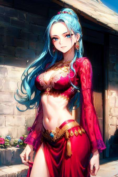 (ultra detailed background, delicate pattern, intricate detail, highly detailed, fine details), best quality, 1girl, ((medium breasts, slim girl)), NefertariVivi, 1girl, long hair, blue hair, solo, smile, jewelry, earrings, red robe, ((small breasts, slim girl)), cleavage, dress, ponytail, hair ornament, navel, necklace, sky, blue eyes, midriff, cowboy shot, (complex detailed background, outside, sunny, desert town environment, buildings, town, market, hair lift, cowboy shot), <lora:BeautifulDetailedEyes:0.4>,  <lora:DetailTweaker:0.5>,   <lora:NefertariVivi:0.7>