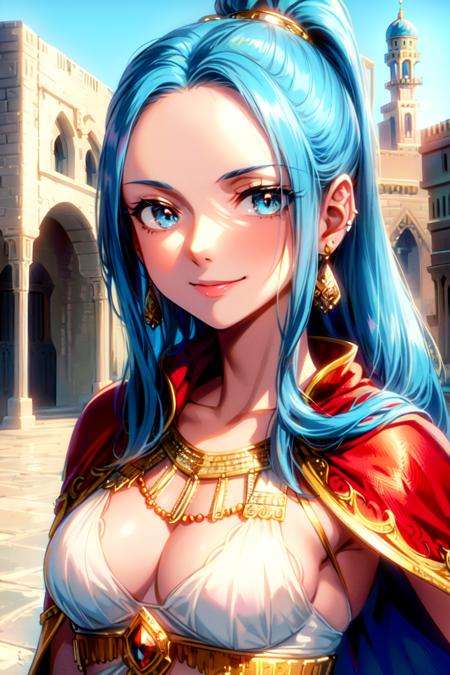 (ultra detailed background, delicate pattern, intricate detail, highly detailed, fine details), best quality, ((medium breasts, slim girl, close-up, portrait)), NefertariVivi, 1girl, long hair, blue hair, solo, jewelry, earrings, ((small breasts, slim girl, red cape, arabic dancer outfit, covered lower body)), dress, ponytail, hair ornament, navel, necklace, sky, blue eyes, (complex detailed background, outside, sunny, desert town environment, buildings, town, market, hair lift, hands behind back, smile, wide smile), <lora:BeautifulDetailedEyes:0.4>,  <lora:DetailTweaker:0.5>,   <lora:NefertariViviFinal:0.7>