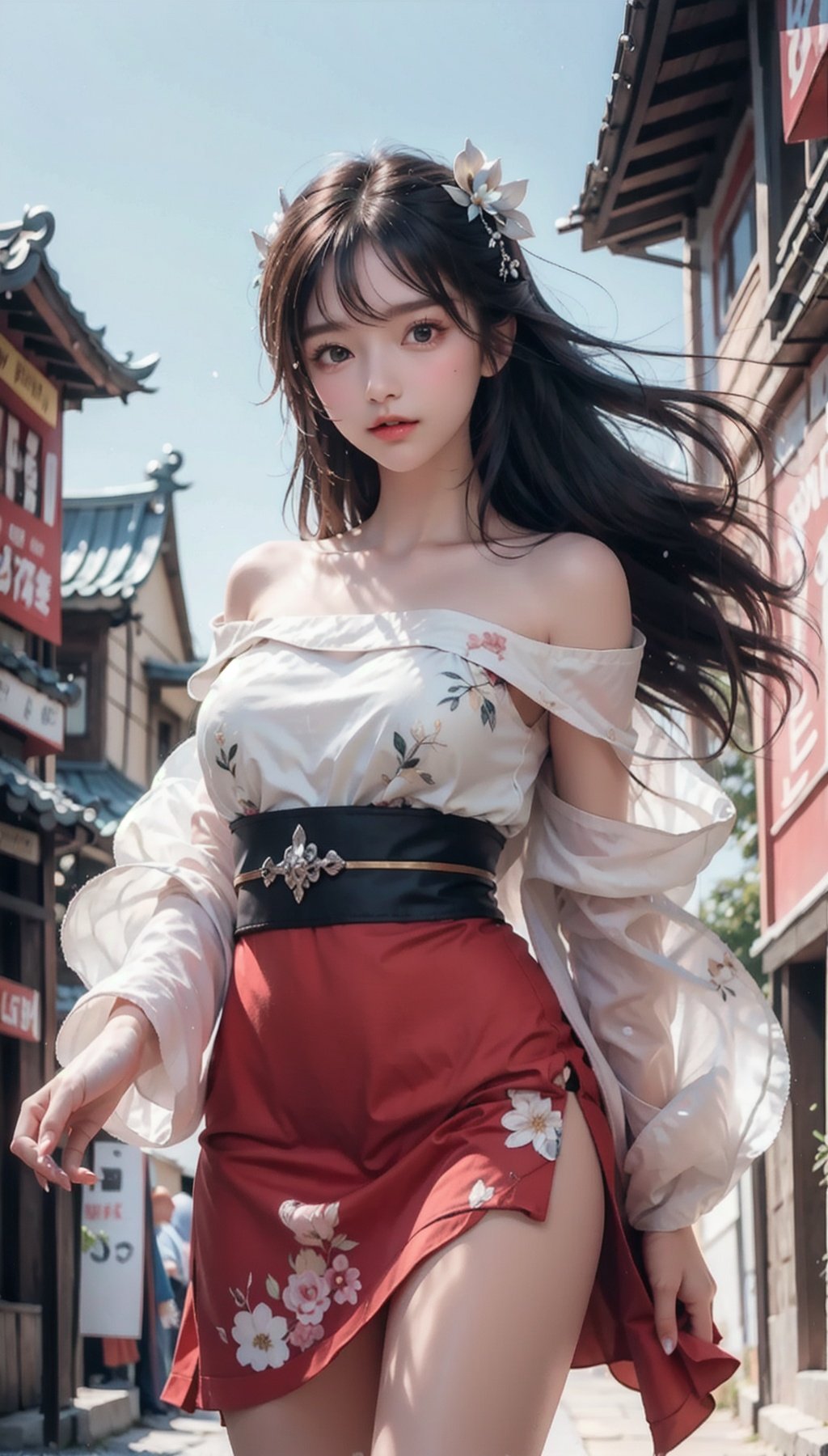 realistic, RAW photo, dslr, film grain, Fujifilm XT3, night shot, 1girl, goddess women,  (curly hair, long hair), (thigh,off shoulder:1.2), ([:see-through:4]:1.4) (red floral print hanfu:1.1), pencil skirt, black pantyhose, (deserted street:1.3), Backlit, Bokeh, Contrast Filters, (smile:0.8), looking at viewer, (china jiangnan water town style:1.1), water, wet, , ,shuixia