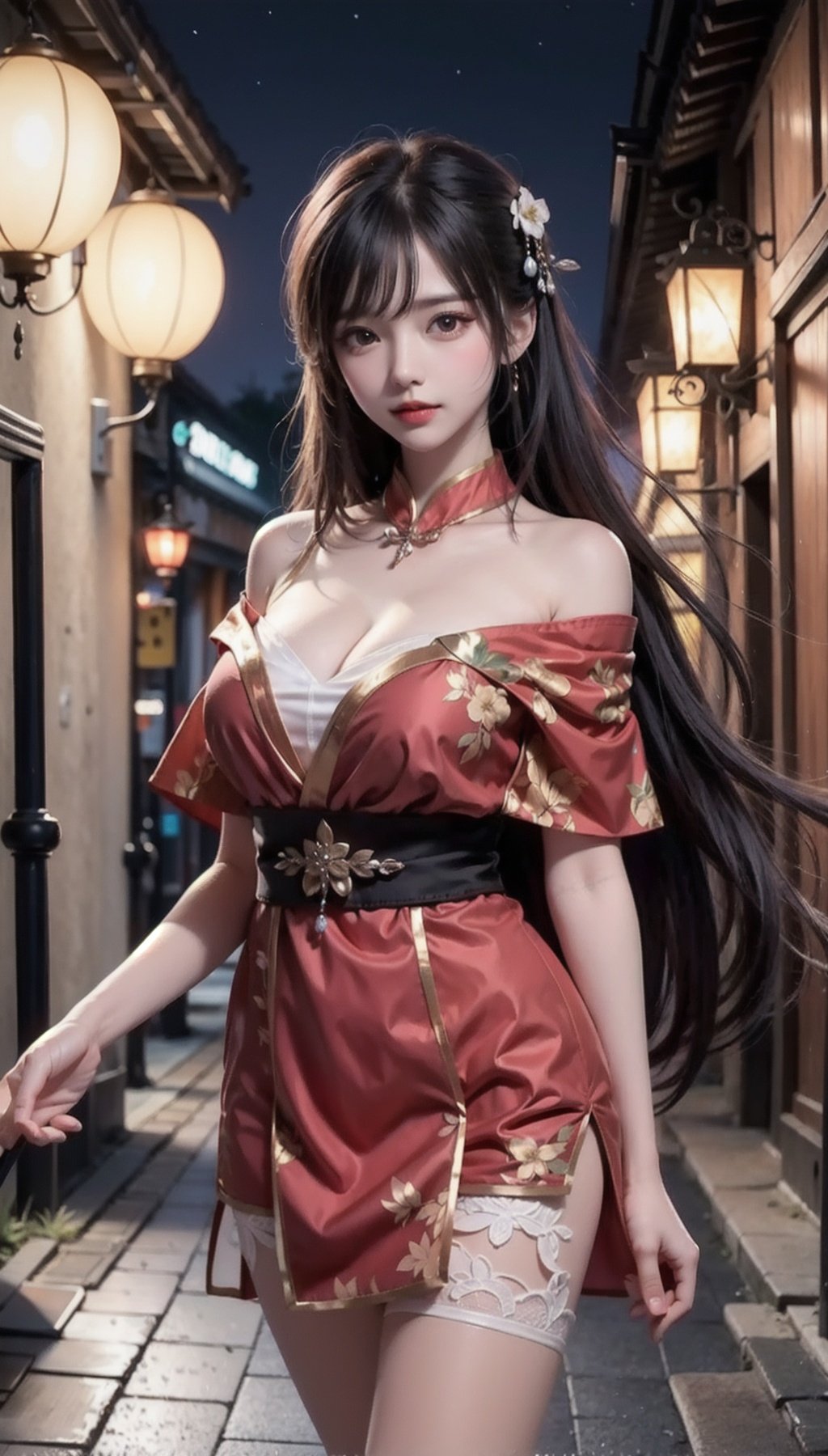 realistic, RAW photo, dslr, film grain, Fujifilm XT3, night shot, 1girl, goddess women,  (curly hair, long hair), (thigh,off shoulder:1.2), ([:see-through:4]:1.4) (red floral print hanfu:1.1), pencil skirt, black pantyhose, (deserted street:1.3), Backlit, Bokeh, Contrast Filters, (smile:0.8), looking at viewer, (china jiangnan water town style:1.1), water, wet, , 