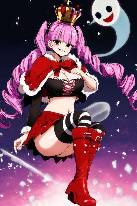 <lora:perona_v1:1.0>, cheems_perona_v3, smile, red boots, crop top, knees up, floating, full body, ghost, twin drills, red capelet, striped thighhighs, cleavage, large breasts, crown, volumetric lighting, light particles , looking at viewer, blush, red skirt, smug, smirk, (disc-shaped eyes, black eyes), 