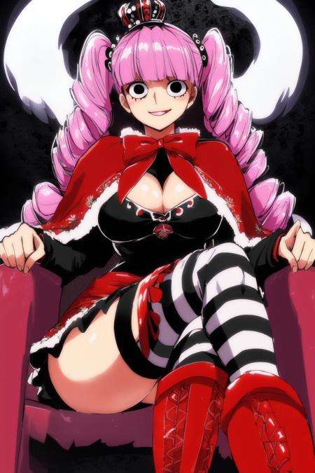 <lora:perona_v1:1.1>, cheems_perona_v3, smile, sitting on throne, from below, red boots, ghost, twin drills, red capelet, striped thighhighs, cleavage, large breasts, crown, volumetric lighting, light particles , looking at viewer, blush, red skirt, smug, smirk, (disc-shaped eyes, black eyes),