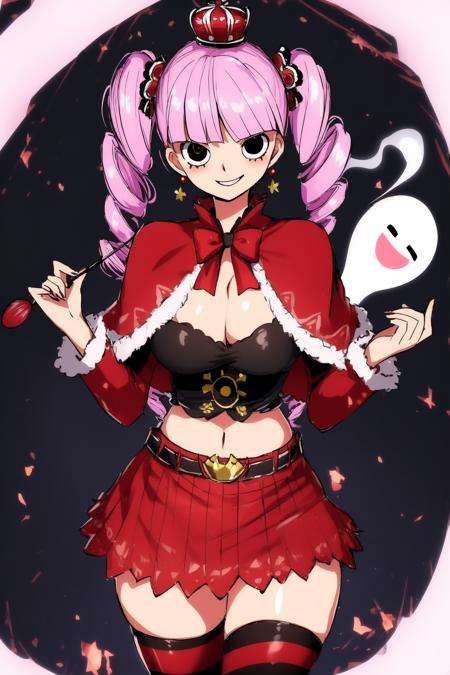 <lora:perona_v1:1.1>, cheems_perona_v3, smile, ghost, twin drills, red capelet, striped thighhighs, cleavage, large breasts, cowboy shot, crown, volumetric lighting, light particles , looking at viewer, blush, (disc-shaped eyes, black eyes), red skirt, smug, smirk, red parasol, 