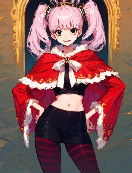 <lora:perona_v2:1.1>, perona, disc-shaped eyes, red capelet, smile, hands on hips, contrapposto, masterpiece, best quality, cowboy shot, striped pantyhose, black eyes