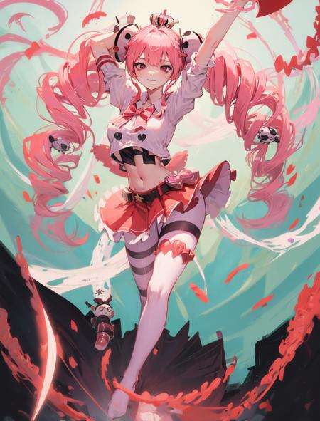 <lora:perona_v1:0.7>, perona, 1girl, red capelet, pink bowtie, full body, floating, crop top, midriff, red skirt, belt, large breasts, twin drills, drill hair, long hair, twintails, smug, ((circular eyes, wide eyes, black eyes)), striped pantyhose, bad-hands-5