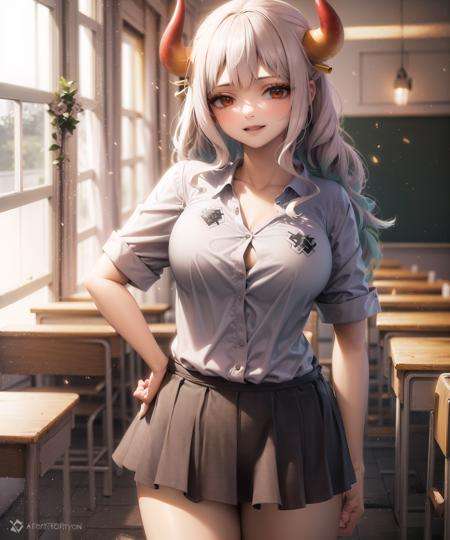 1girl, cowboy shot, beautiful  YamatoOP, solo, large breasts , school uniform, classroom,  volumetric lighting, best quality, masterpiece, intricate details, tonemapping, sharp focus, hyper detailed, trending on Artstation, <lora:YamatoOP:0.9>