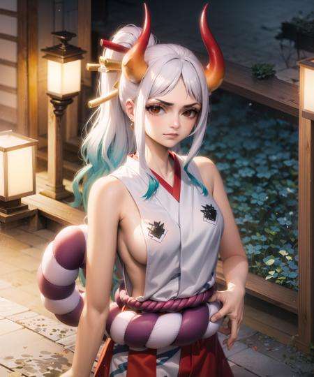 1girl, cowboy shot, beautiful YamatoOP, solo, japanese_clothes, kimono, jewelry, bare_shoulders, earrings, sleeveless, sleeveless_kimono, shimenawa, breasts, looking_at_viewer, rope, sidelocks, bare_arms, v-shaped_eyebrows, sideboob, hakama, closed_mouth, aqua_hair, high_ponytail, two-tone_hair, serious, frown, night,  volumetric lighting, best quality, masterpiece, intricate details, tonemapping, sharp focus, hyper detailed, trending on Artstation,  <lora:YamatoOP:1> 