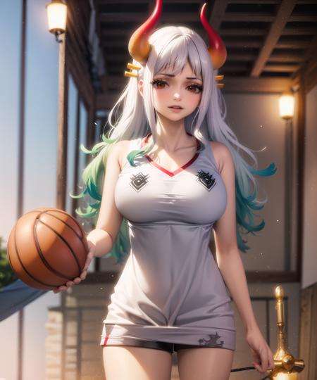 1girl, cowboy shot, beautiful  YamatoOP, solo, large breasts , basketball, sportswear,  volumetric lighting, best quality, masterpiece, intricate details, tonemapping, sharp focus, hyper detailed, trending on Artstation, <lora:YamatoOP:1>