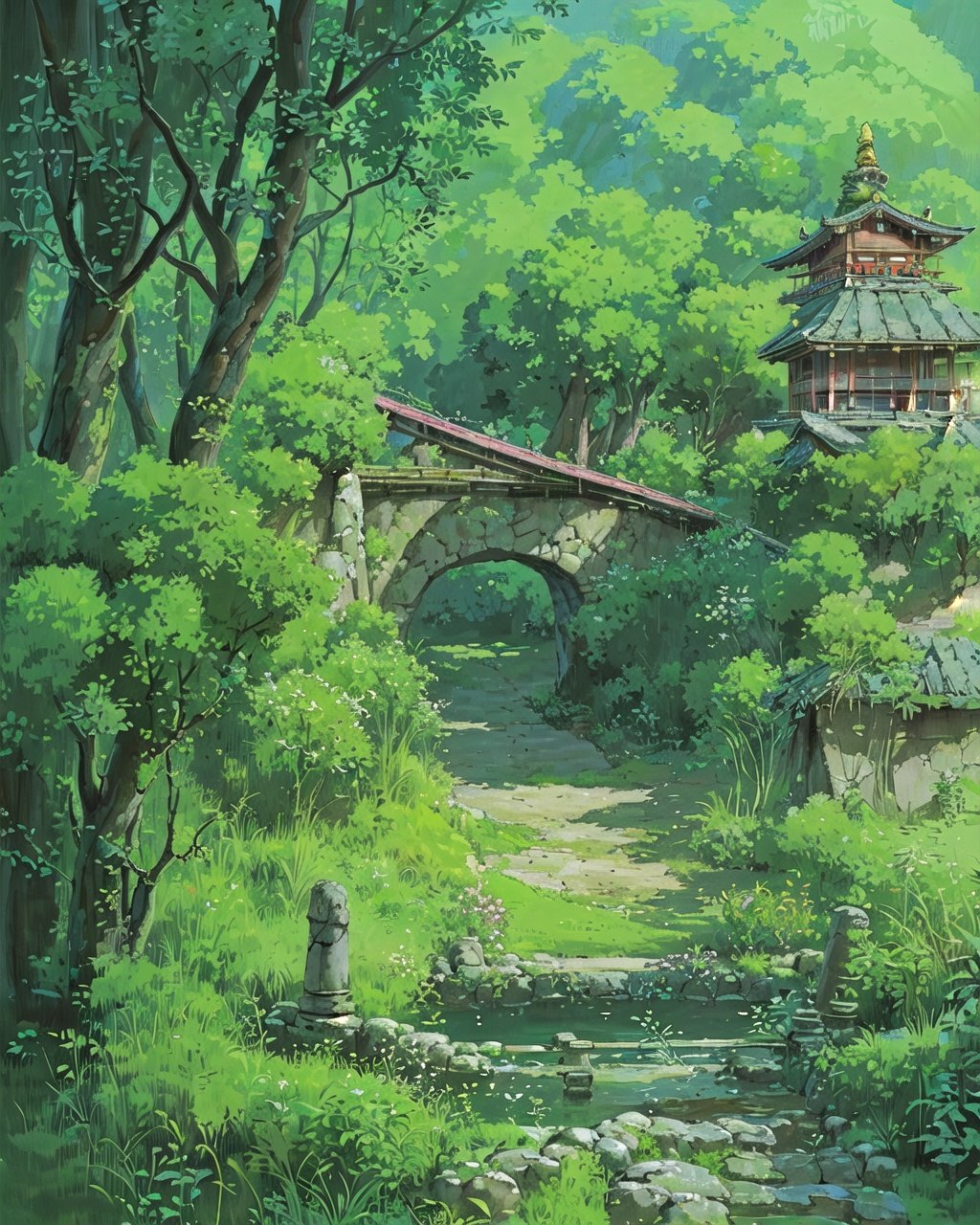 (((best quality))),architecture, bridge, building, bush, city, day, east_asian_architecture, forest, grass, nature, outdoors, overgrown, plant, ruins, scenery, treeweapon,concept art,high detail,distinct,Spirited Away,game,vivid,level design