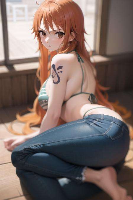 namiOP, one piece, masterpiece, best quality, 1girl, looking at viewer,solo, bikini, blue pants, orange hair, <lora:namiV29mb_v2:1>