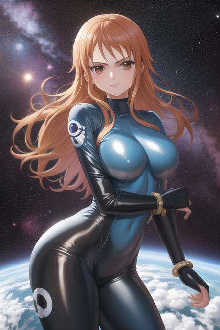 masterpiece, best quality, 1girl, looking at viewer, one piece,namiOP, floating hair,space, spacesuit, latex bodysuit,solo,  <lora:namiOP:1>