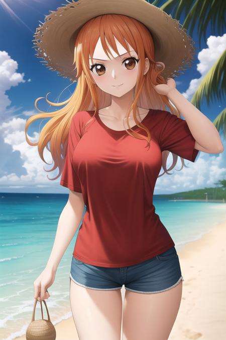 masterpiece, best quality, 1girl, looking at viewer,namiOP, one piece,red shirt, shorts, beach, straw hat, happy,<lora:namiOP:1>