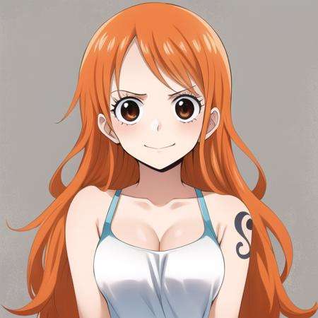 nami, masterpiece, best quality, 1girl, looking at viewer, orange hair, long hair, brown eyes,one piece,solo,<lora:nami2-000008:1>