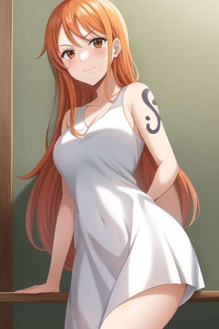 nami, masterpiece, best quality, 1girl, looking at viewer, orange hair, long hair, brown eyes,one piece,solo,<lora:nami2-000008:1>