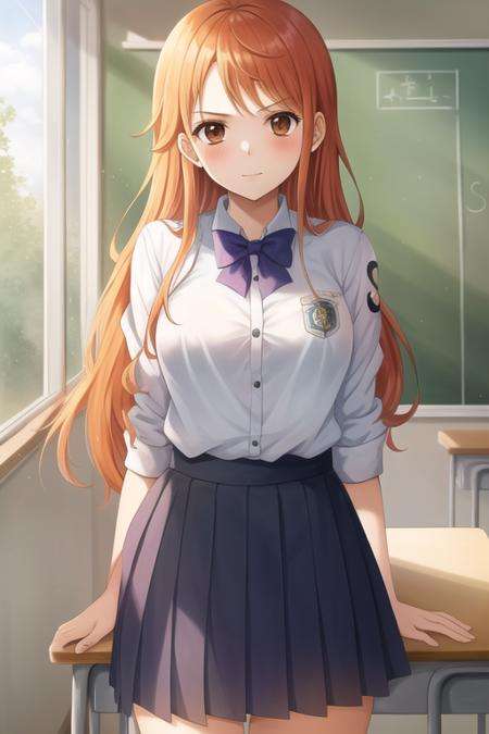 masterpiece, best quality, 1girl, looking at viewer, one piece,nami, orange hair, long hair, brown eyes,school uniform, school, school desk,solo, <lora:nami2-000008:1>