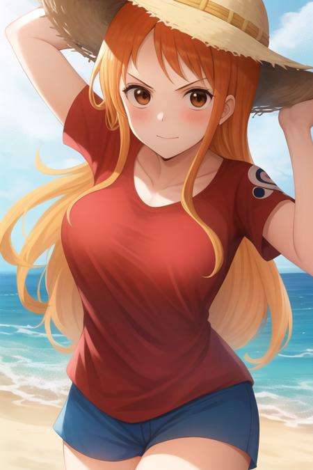 masterpiece, best quality, 1girl, looking at viewer, one piece,nami, orange hair, long hair, brown eyes,red shirt, blue shorts, staw hat, beach, luffy,solo, <lora:nami2-000008:1>