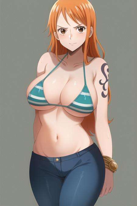 masterpiece, best quality, 1girl, looking at viewer, one piece,nami, orange hair, long hair, brown eyes,green striped bikini, blue pants,solo, <lora:nami2-000008:1>