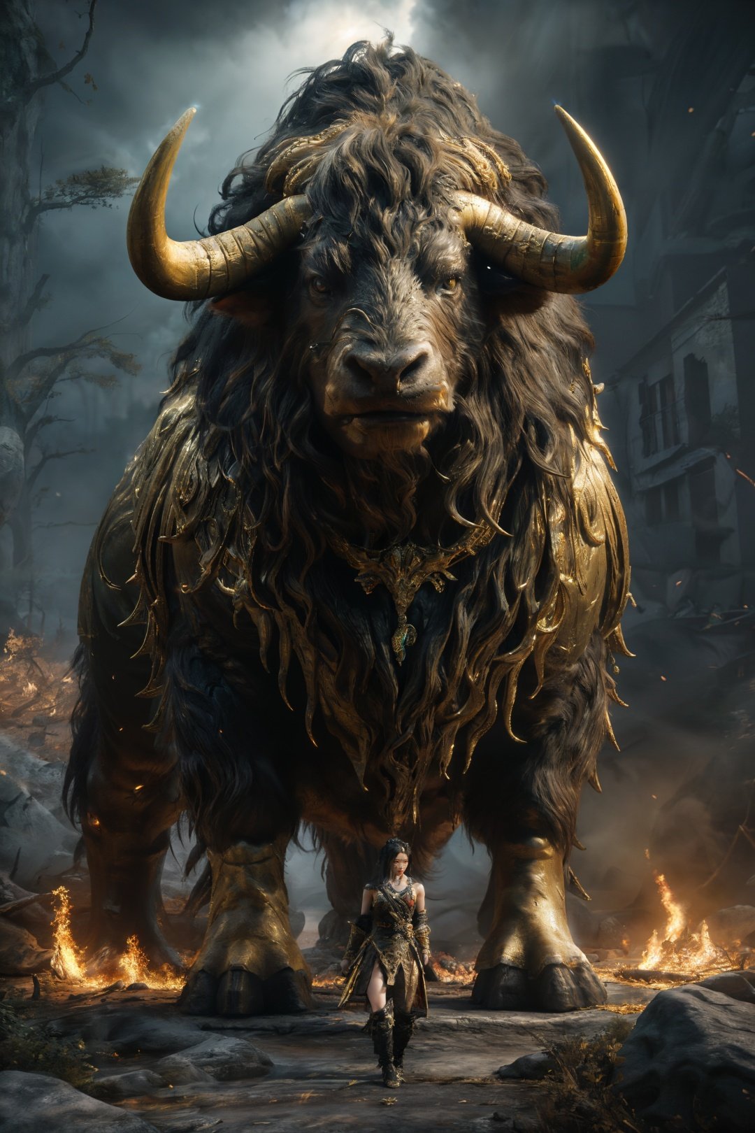 tianqingniu,masterpiece,ultra high resolution,artwork,3D,CG,unreal engine 5,(mew:1.1),a huge body shape,green ghost fire,exquisite details,light and shadow effects,realistic and exquisite golden details in the movie background,light yellow and 32 kextreme perspectives,majic ring,bull,