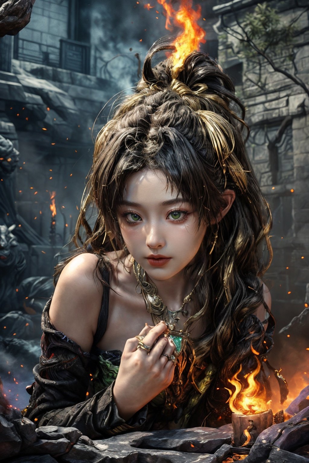 <lora:tianqingniu_20230720015937-000009:0.6>,tianqingniu,masterpiece,ultra high resolution,masterpiece,ultra high resolution,artwork,3D,CG,unreal engine 5,(mew:1.1),1girl,green ghost fire,exquisite details,light and shadow effects,realistic and exquisite golden details in the movie background,light yellow and 32 kextreme perspectives,majic ring,